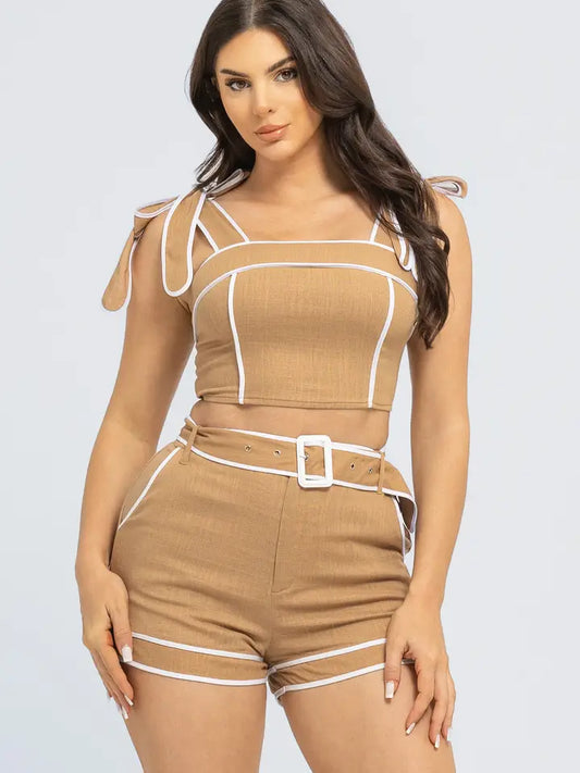 Front Shoulder Strap Bow Tie Top and Shorts Set