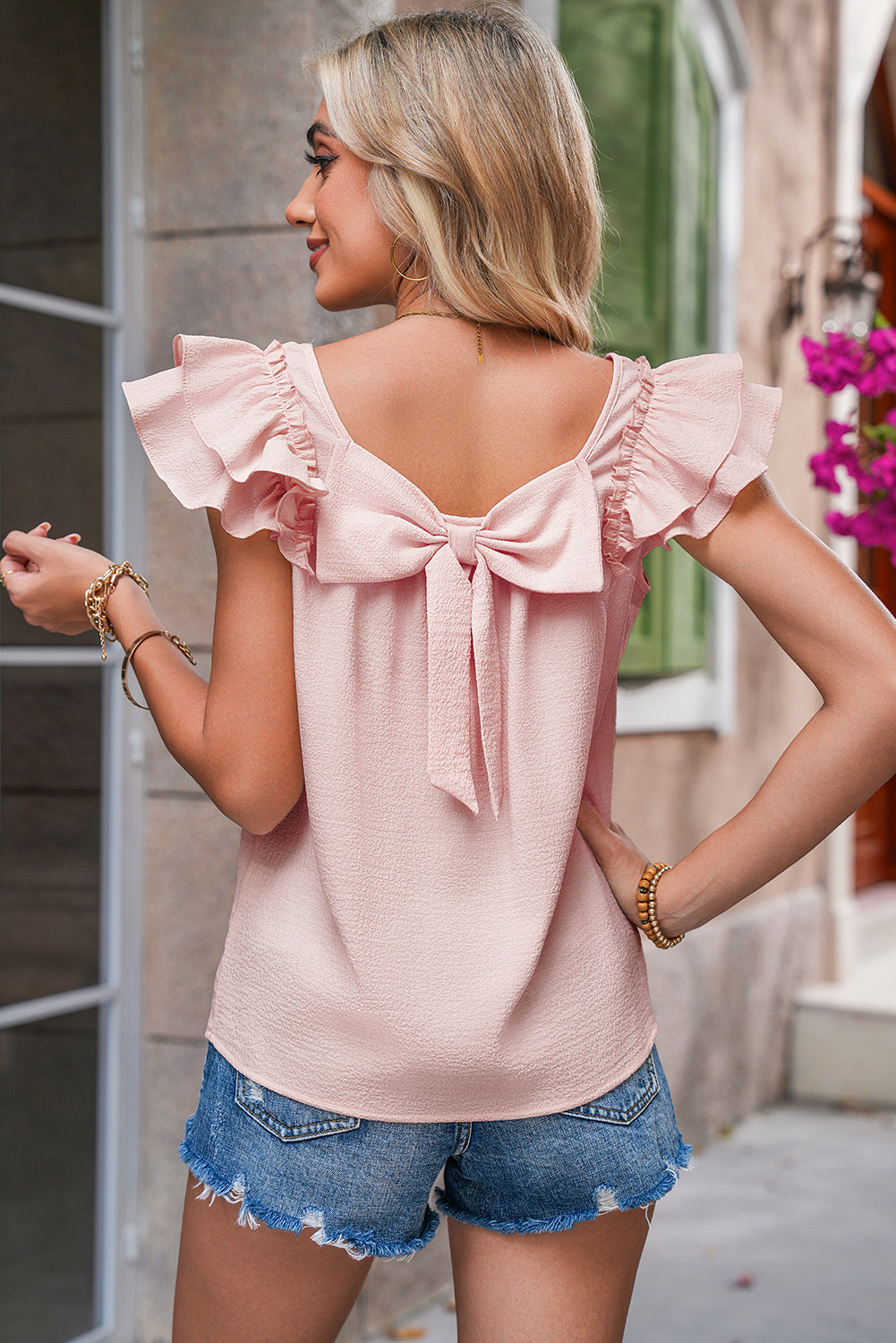 Beau Blue Textured Bow Frilled Ruffle Sleeve Blouse