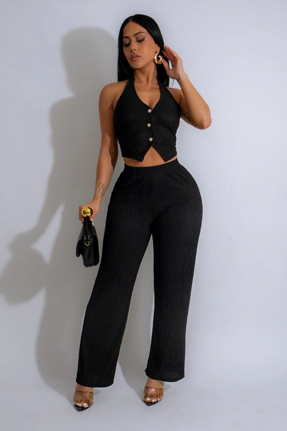 Textured Button Down Vest & Pants Set