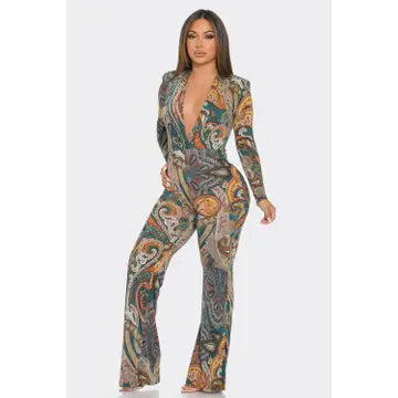 Shoulder Pad Wrap Print Jumpsuit