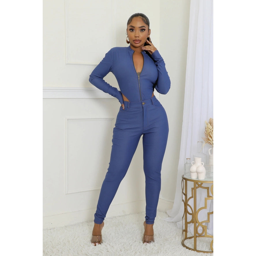 Sleek Cutout Denim Bodysuit Pants Set