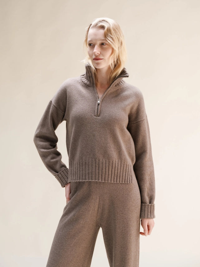 Maglione Corto A Collo Alto Con Zip in Misto Cashmere