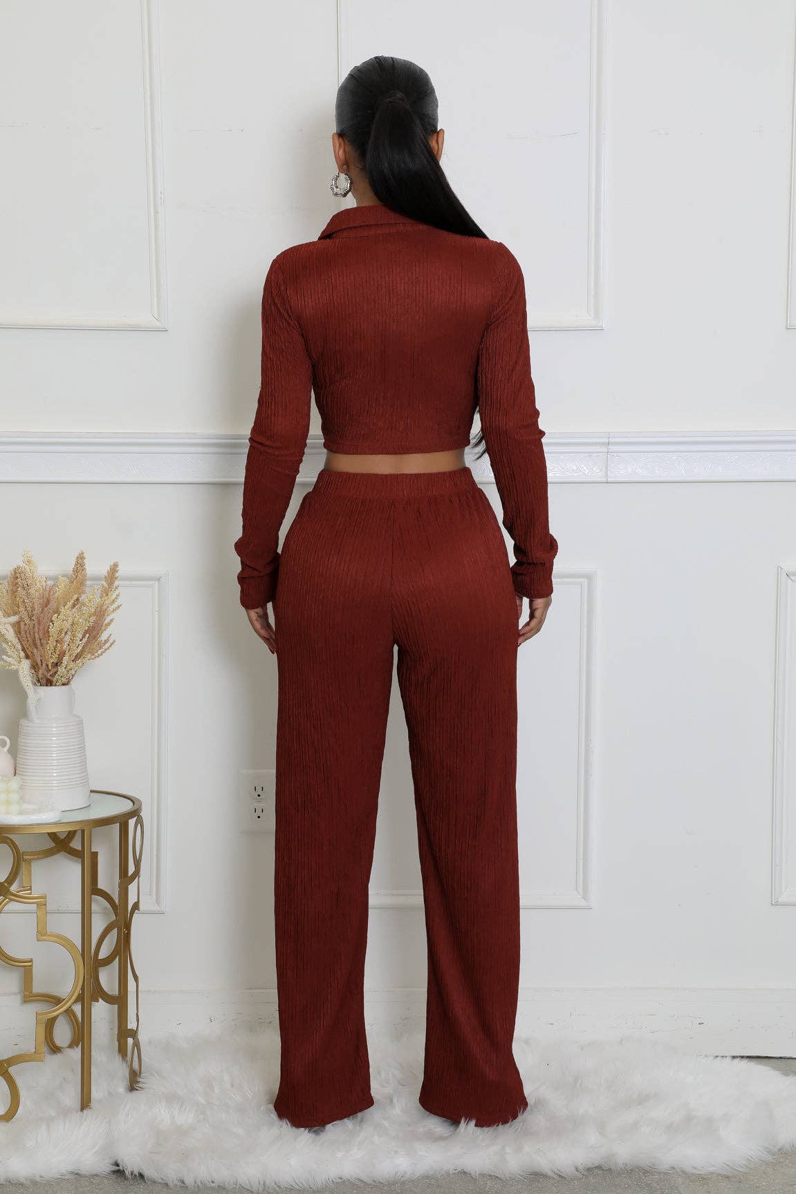 CRINKLED PLISSE ZIP UP LONG SLEEVE LOUNGEWEAR SET