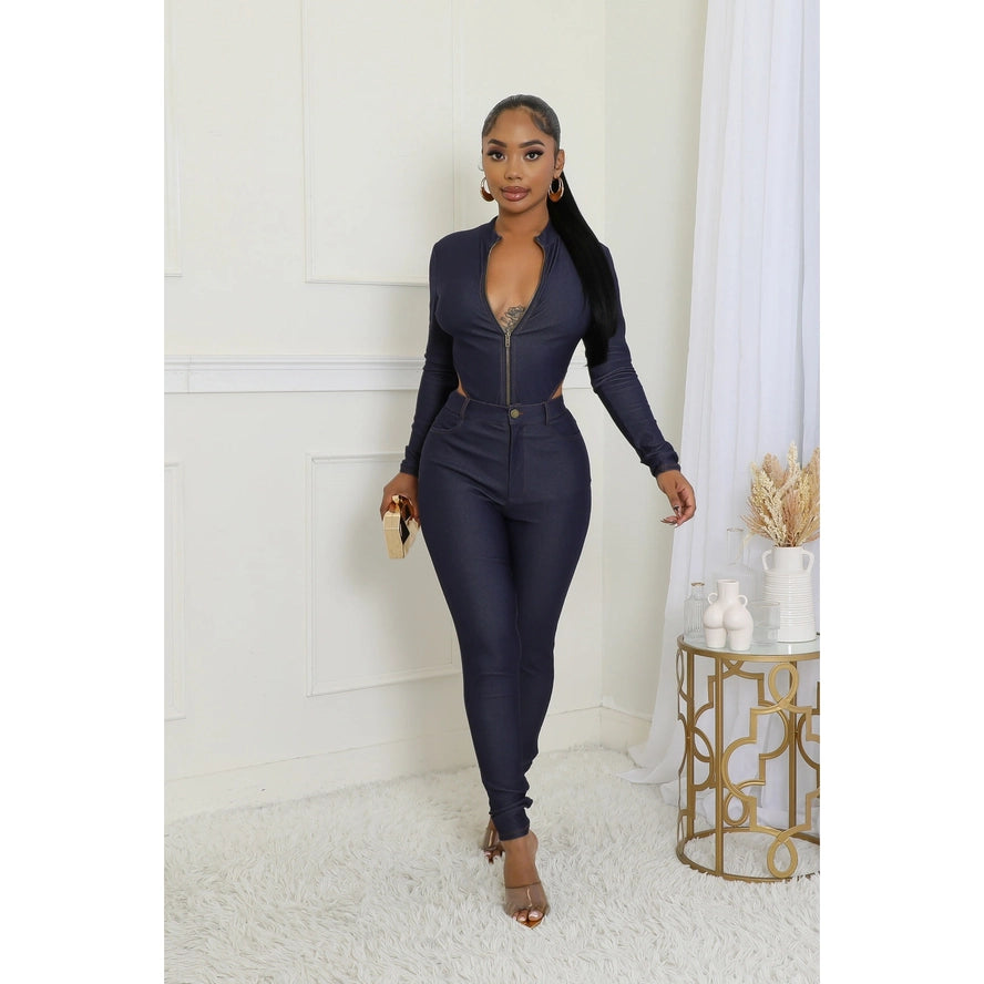 Sleek Cutout Denim Bodysuit Pants Set