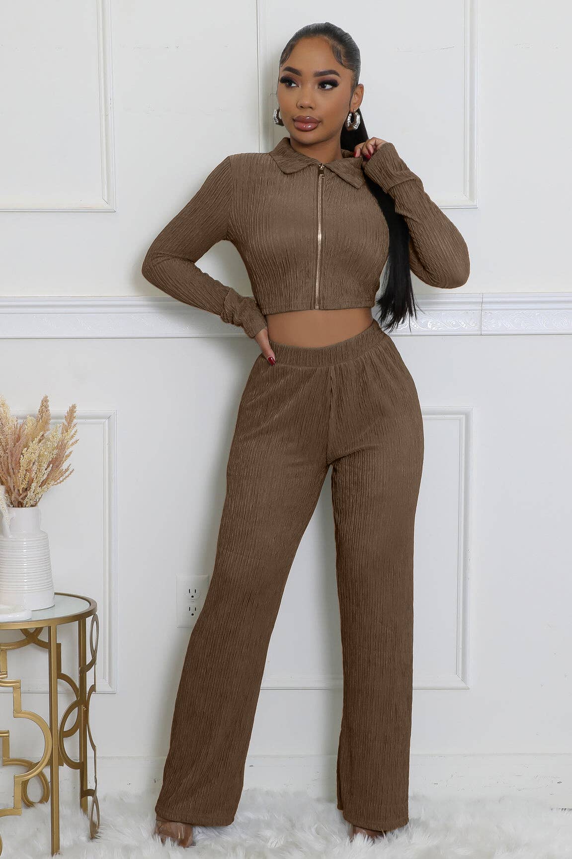 CRINKLED PLISSE ZIP UP LONG SLEEVE LOUNGEWEAR SET