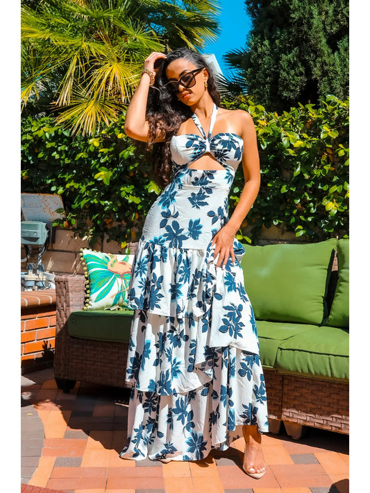 Visual Landscape Floral Print Ruffle Maxi Dress