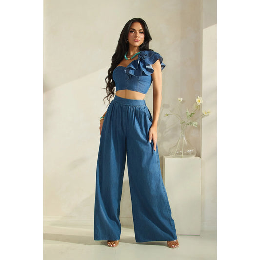 One Shoulder Ruffled Crop Top with Matching Wide Pants Set