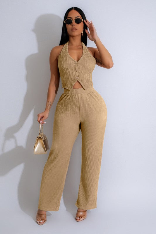 Textured Button Down Vest & Pants Set