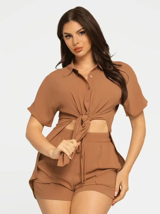 Front Tie Back Oversized Slit Top and Shorts Set