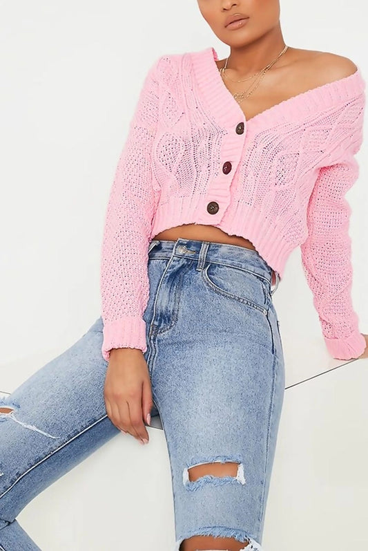 Cable Cropped Button Up Cardigan