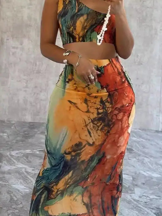 Printed Stretch Shoulder Wrap Hip Dress Set Skirt