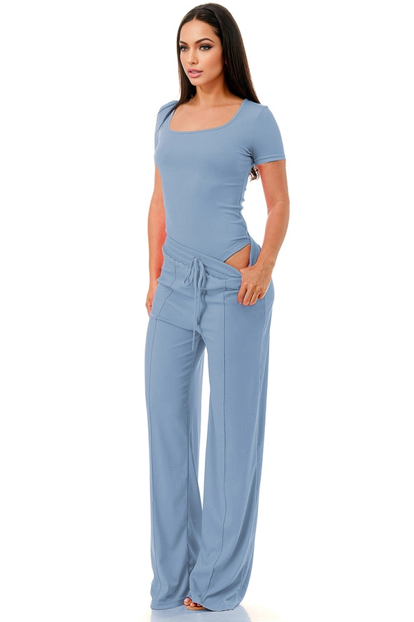 Slinky Short Sleeve Body Suit with Flare Pants Fashion Set