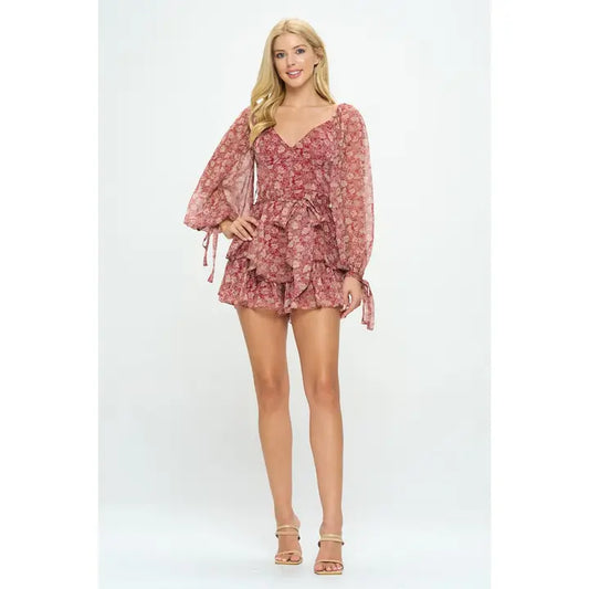 Floral Print Chiffon V Neck Balloon Sleeve Mini Romper