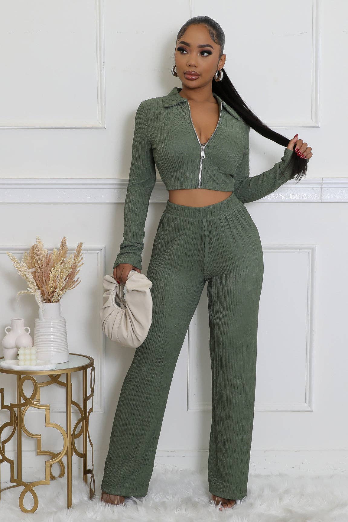 CRINKLED PLISSE ZIP UP LONG SLEEVE LOUNGEWEAR SET