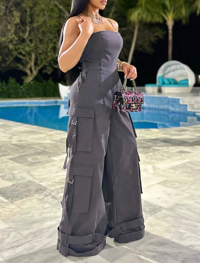 Stylish Bandeau Pocket Patchwork Wide-Leg Jumpsuit