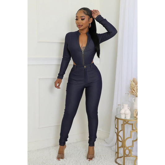 Sleek Cutout Denim Bodysuit Pants Set