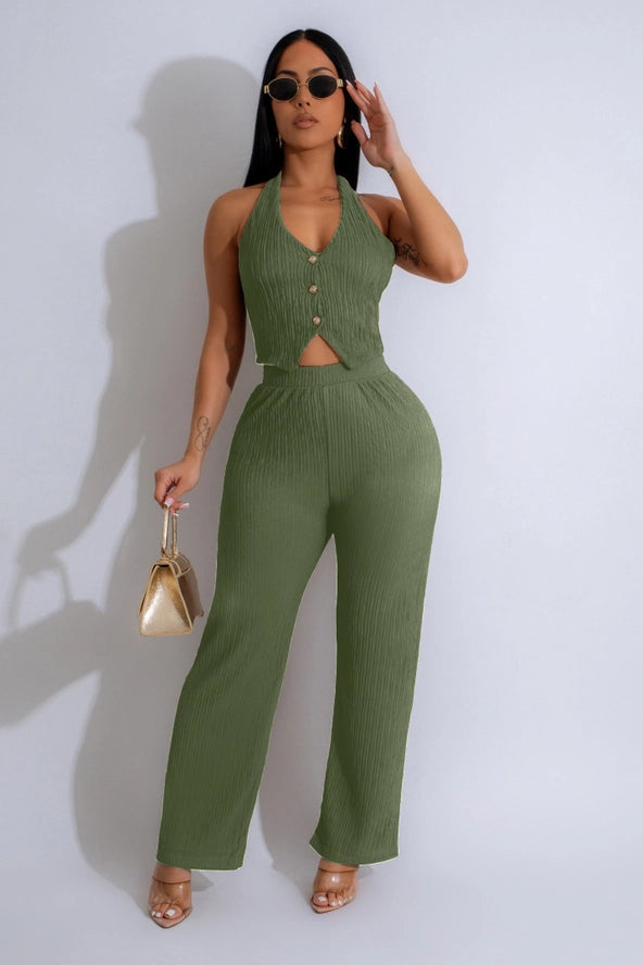 Textured Button Down Vest & Pants Set