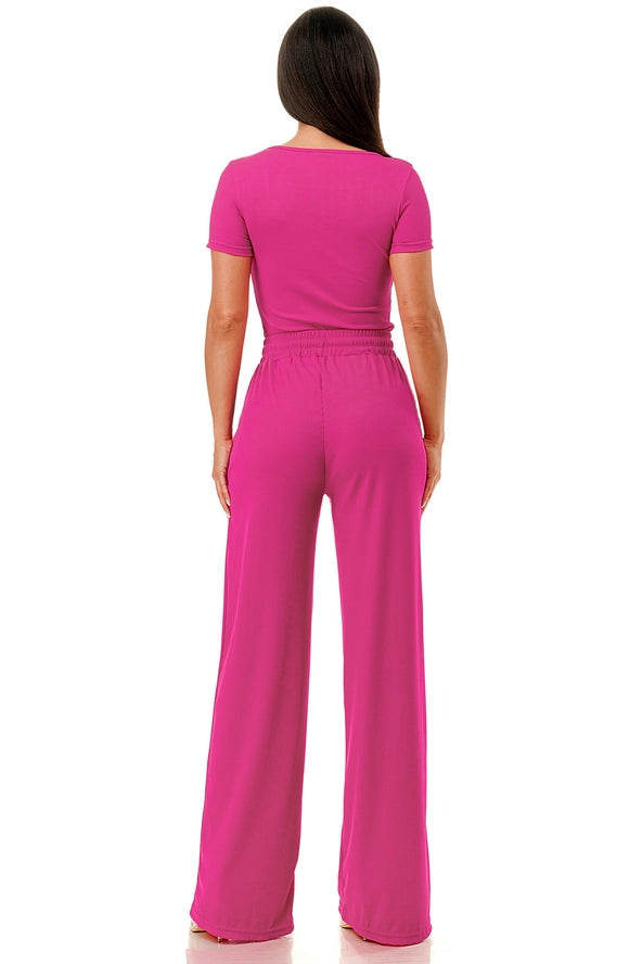 Slinky Short Sleeve Body Suit with Flare Pants Fashion Set