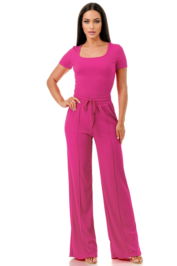 Slinky Short Sleeve Body Suit with Flare Pants Fashion Set