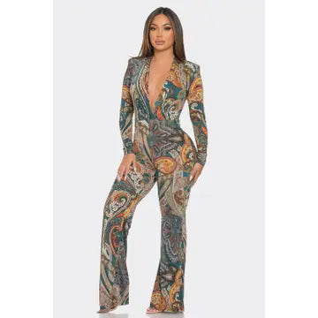 Shoulder Pad Wrap Print Jumpsuit