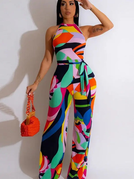 Daring Print Hanging Neck Jumpsuit