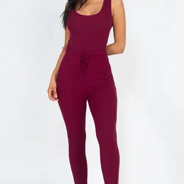 Ribbed Sleeveless Drawstring Jumpsuit