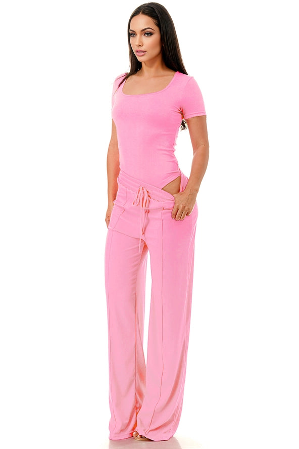 Slinky Short Sleeve Body Suit with Flare Pants Fashion Set