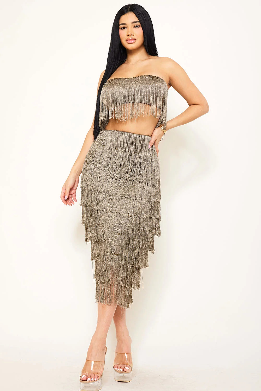 FRINGE TUBE TOP AND MIDI SKIRT SET
