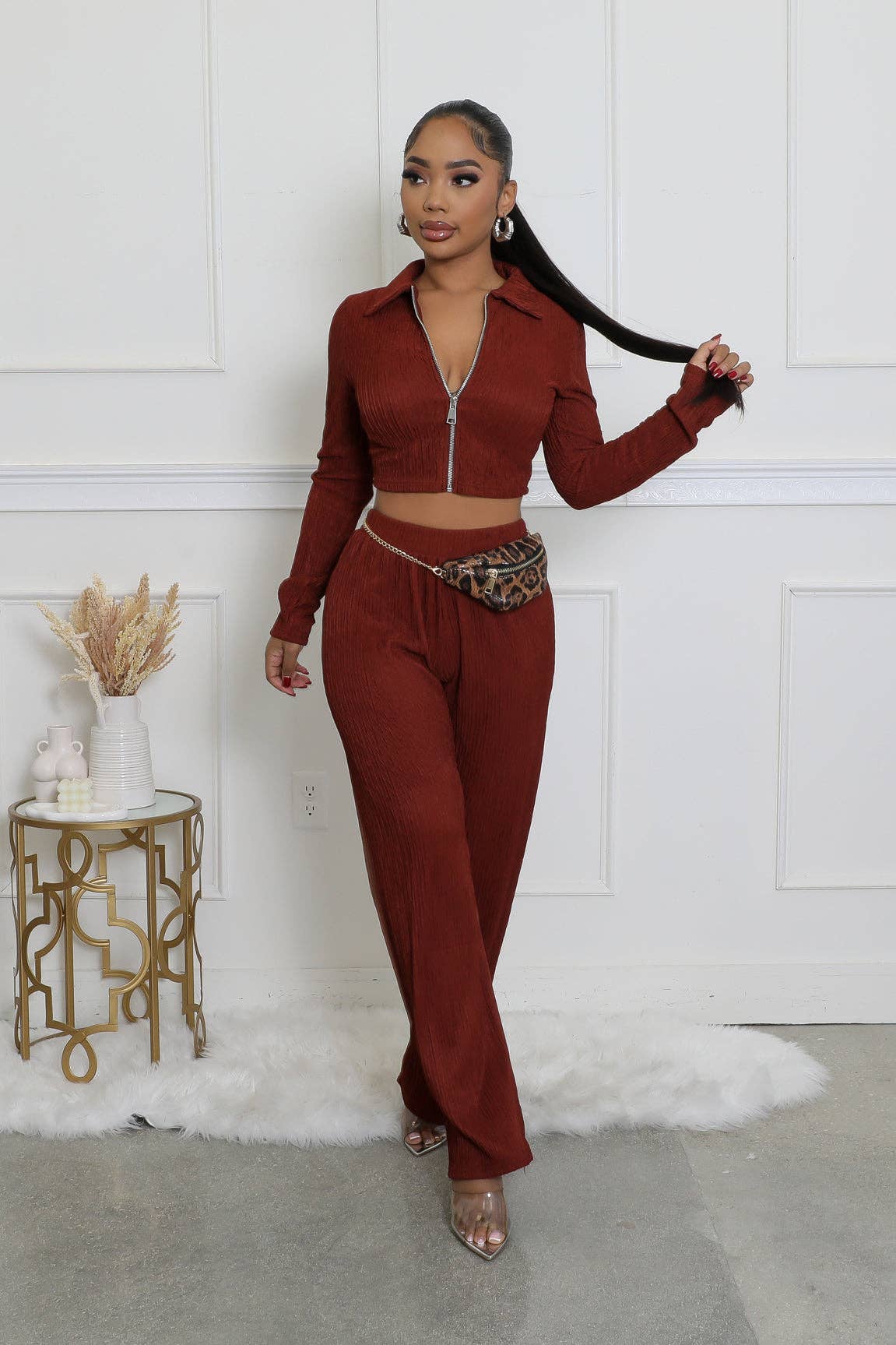 CRINKLED PLISSE ZIP UP LONG SLEEVE LOUNGEWEAR SET