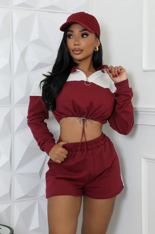 Sporty Crop Long Sleeve Top & Short Set
