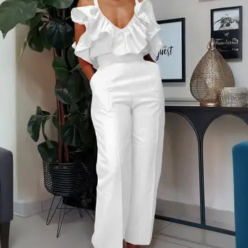 Stylish V-Neck Ruffled Halter Top High-Waisted Pantsuit Fun