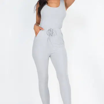 Ribbed Sleeveless Drawstring Jumpsuit