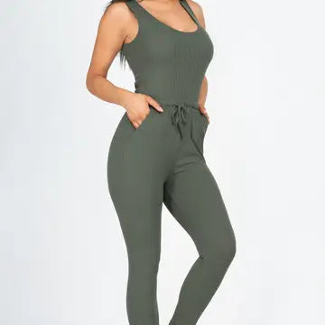 Ribbed Sleeveless Drawstring Jumpsuit