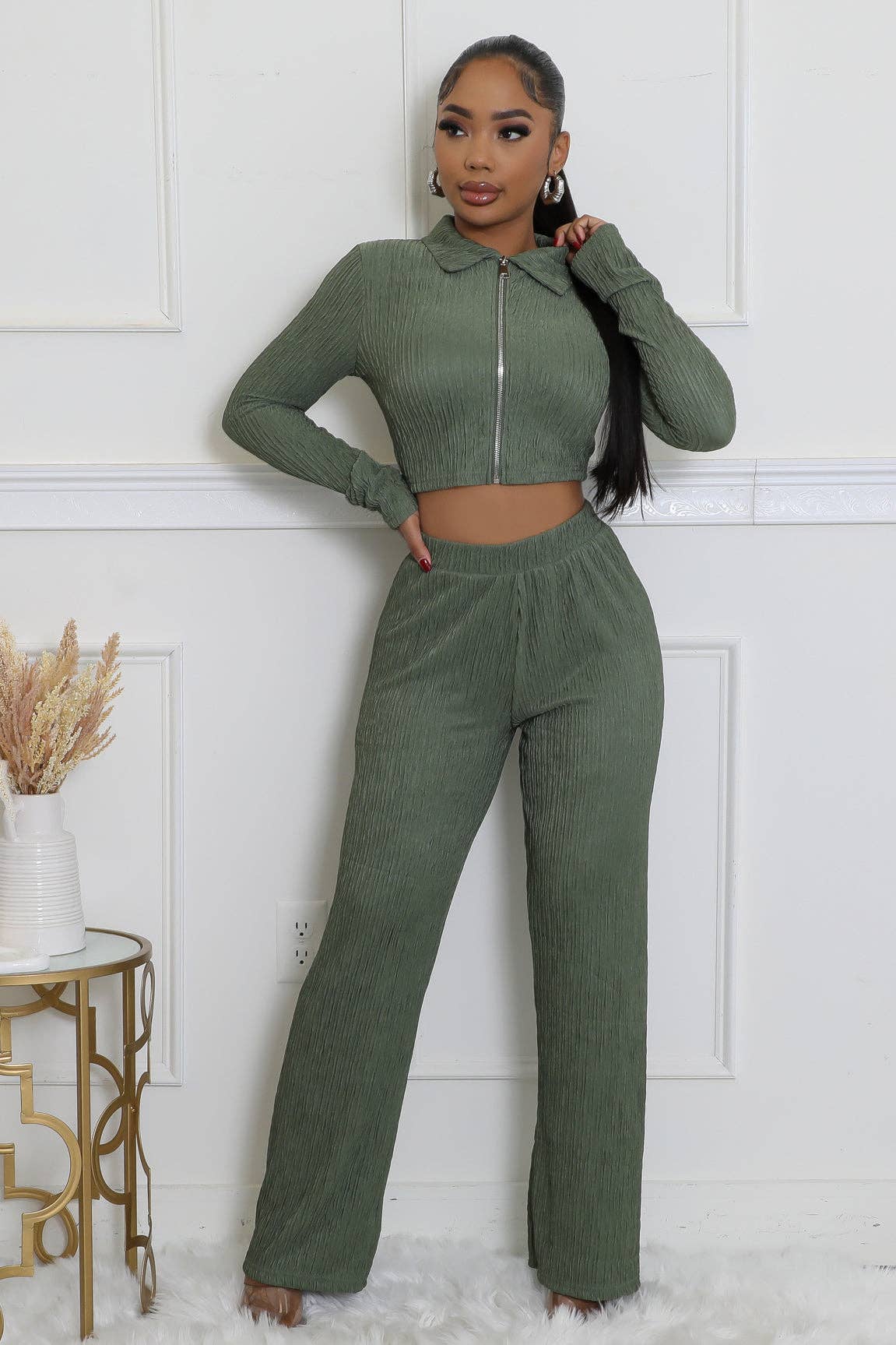 CRINKLED PLISSE ZIP UP LONG SLEEVE LOUNGEWEAR SET