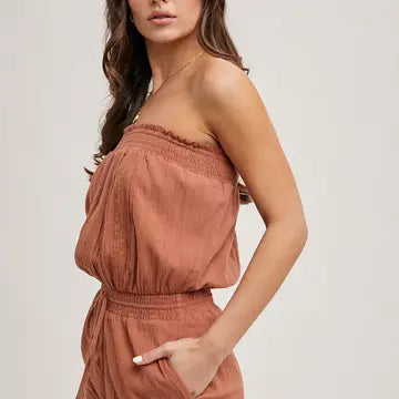 Smocked Tube Top Ruffled Hem Drawstring Romper