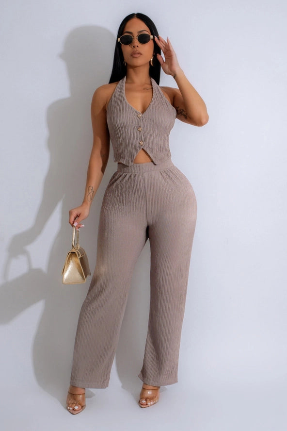 Textured Button Down Vest & Pants Set