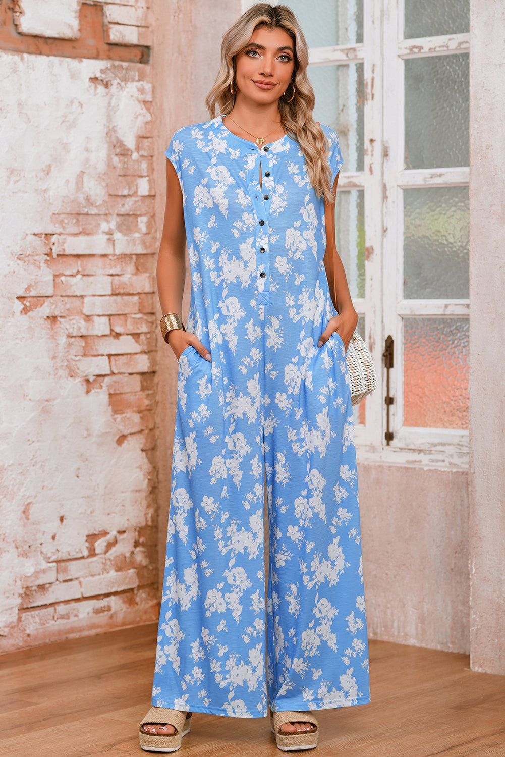 Pink Floral Print Sleeveless Wide Leg Jumpsuit