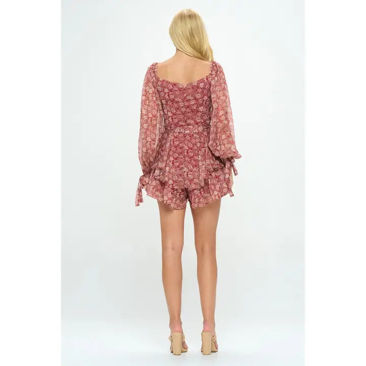 Floral Print Chiffon V Neck Balloon Sleeve Mini Romper