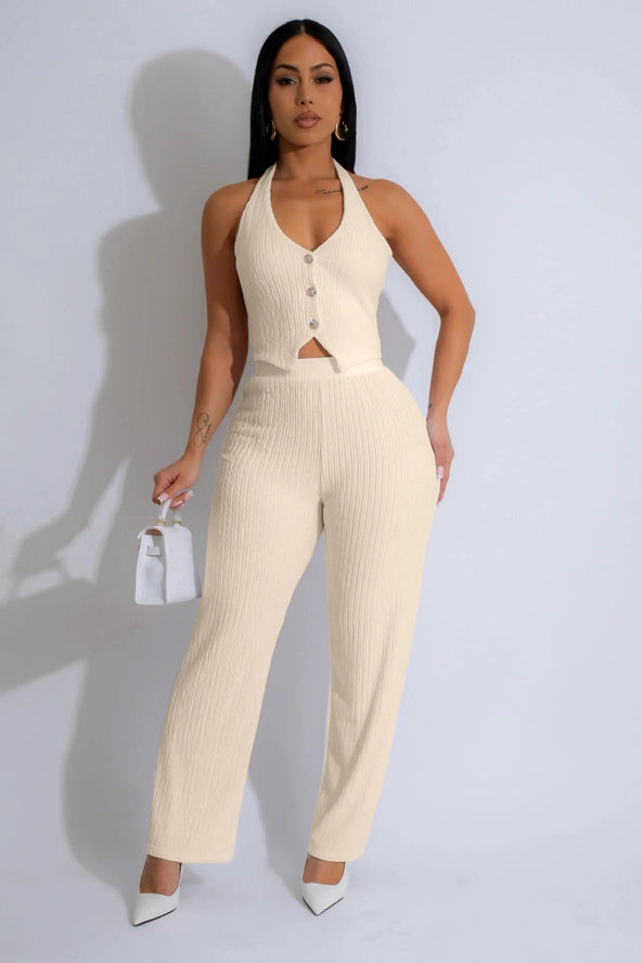 Textured Button Down Vest & Pants Set
