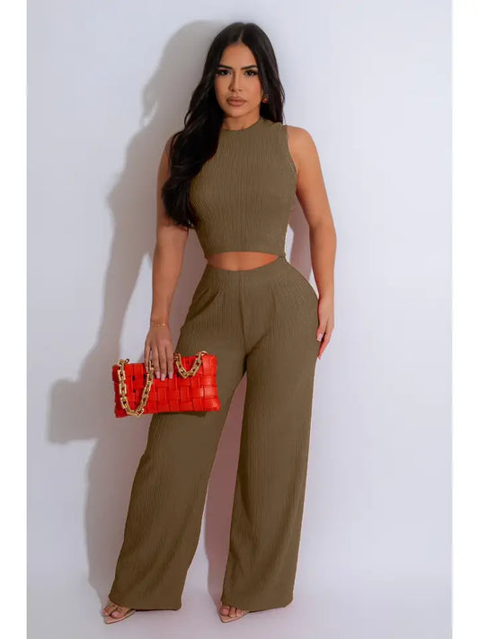 Textured Crop Top & Pants Set-Coco
