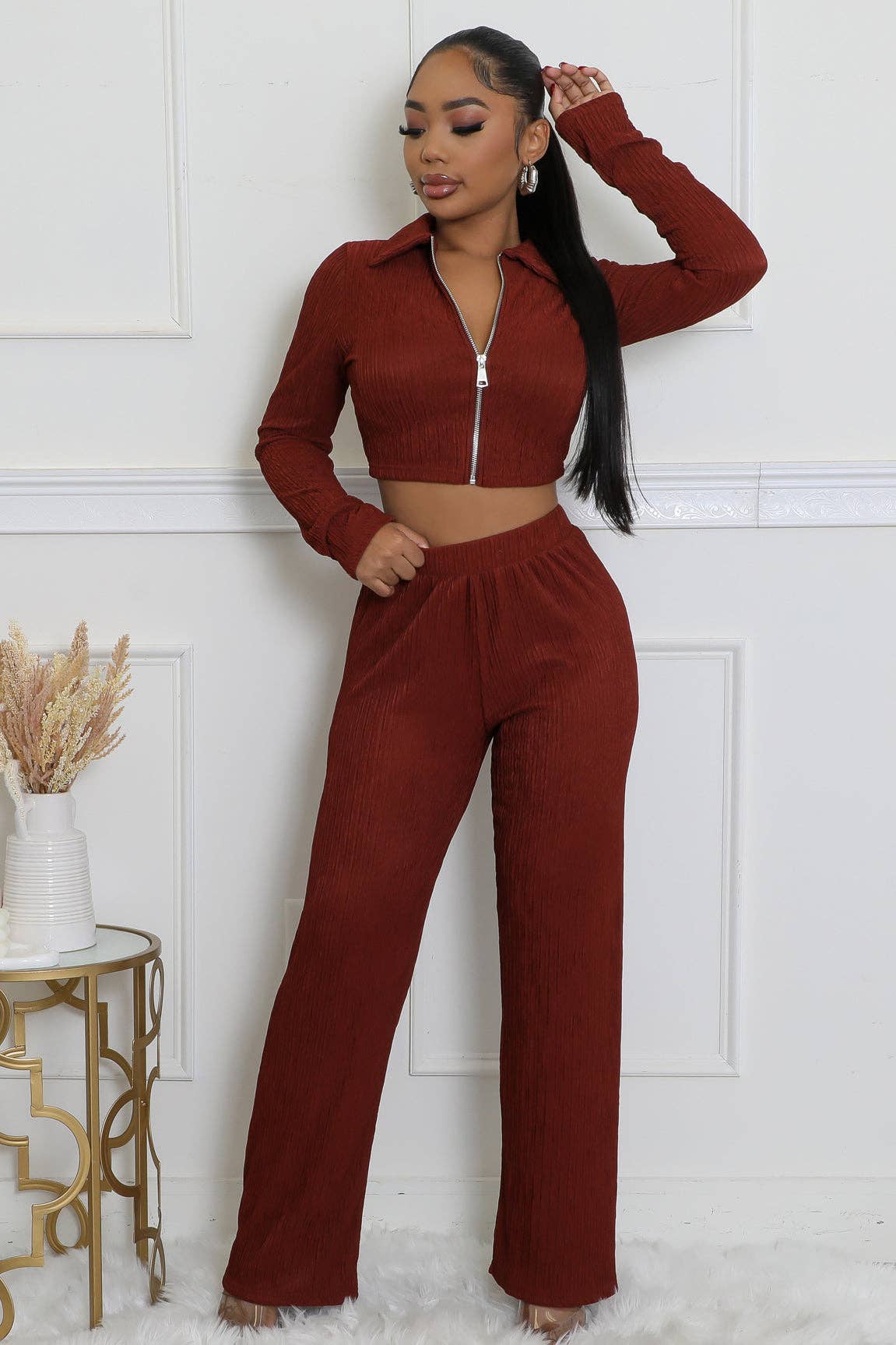 CRINKLED PLISSE ZIP UP LONG SLEEVE LOUNGEWEAR SET