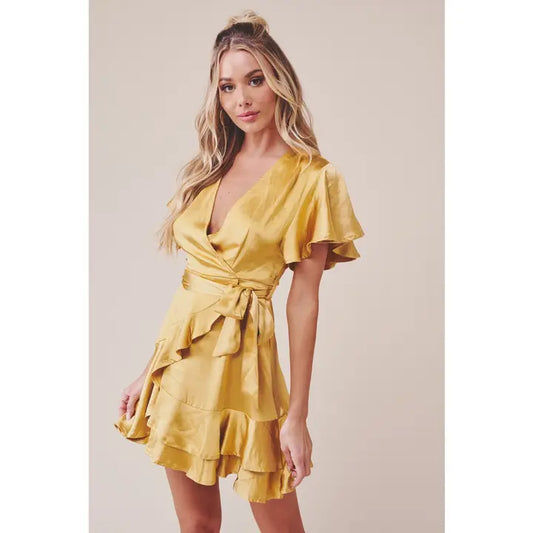 Satin Short Flutter Sleeved Faux Wrap Mini Dress