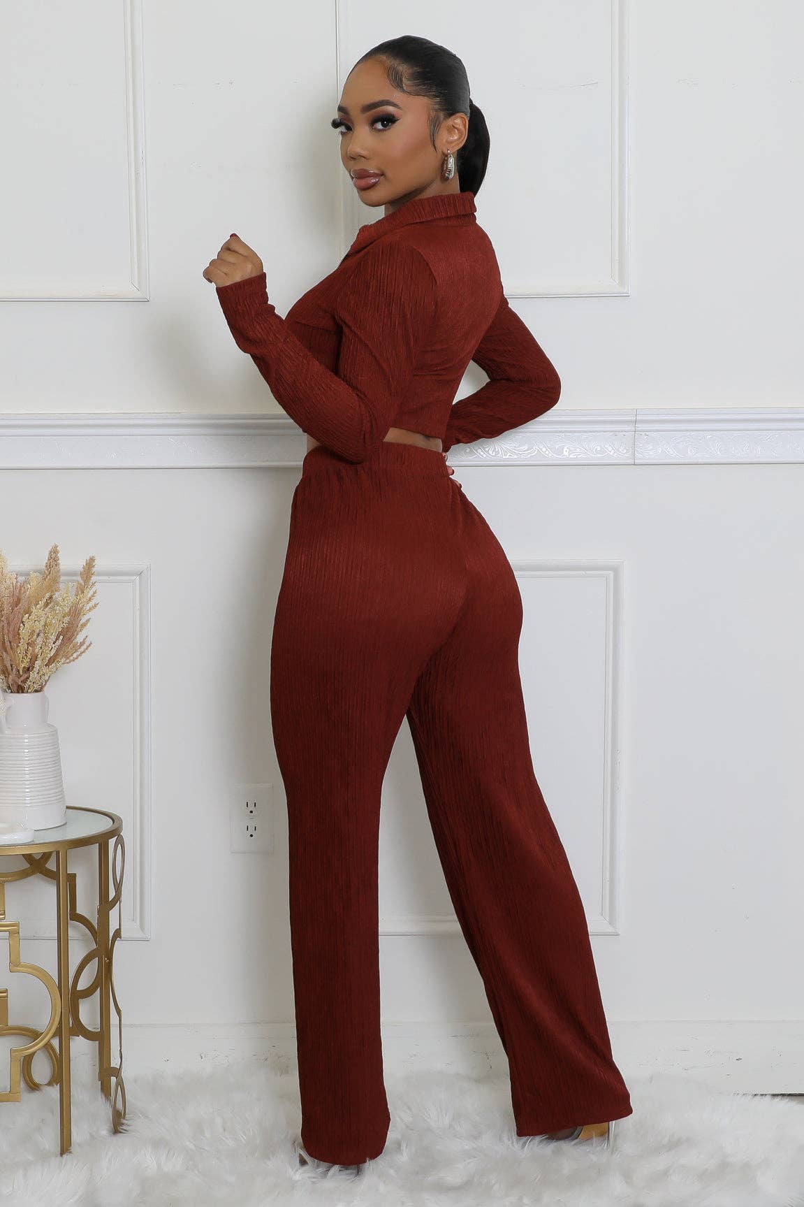 CRINKLED PLISSE ZIP UP LONG SLEEVE LOUNGEWEAR SET