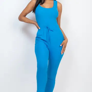 Ribbed Sleeveless Drawstring Jumpsuit