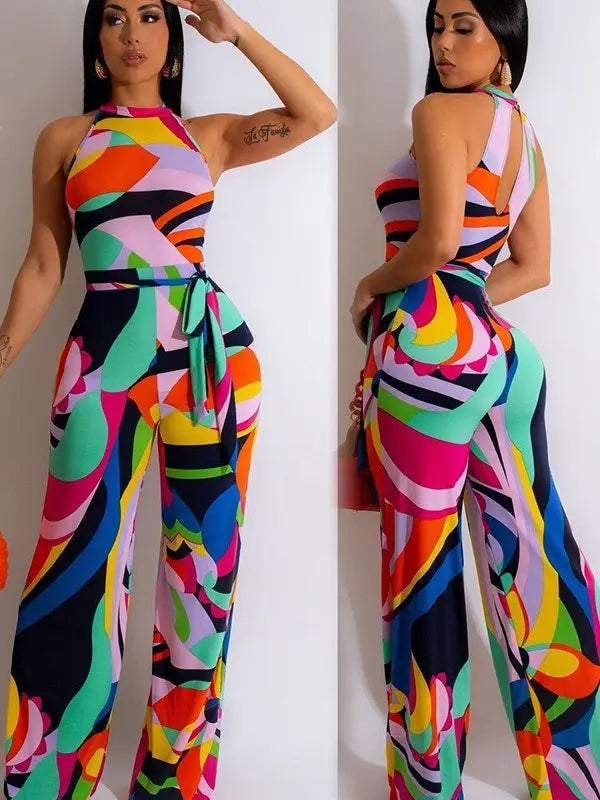 Daring Print Hanging Neck Jumpsuit