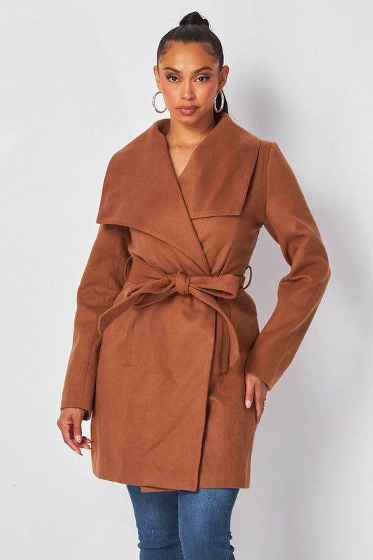 Alvina Faux Wool Belted Wrap Knee Length Coat