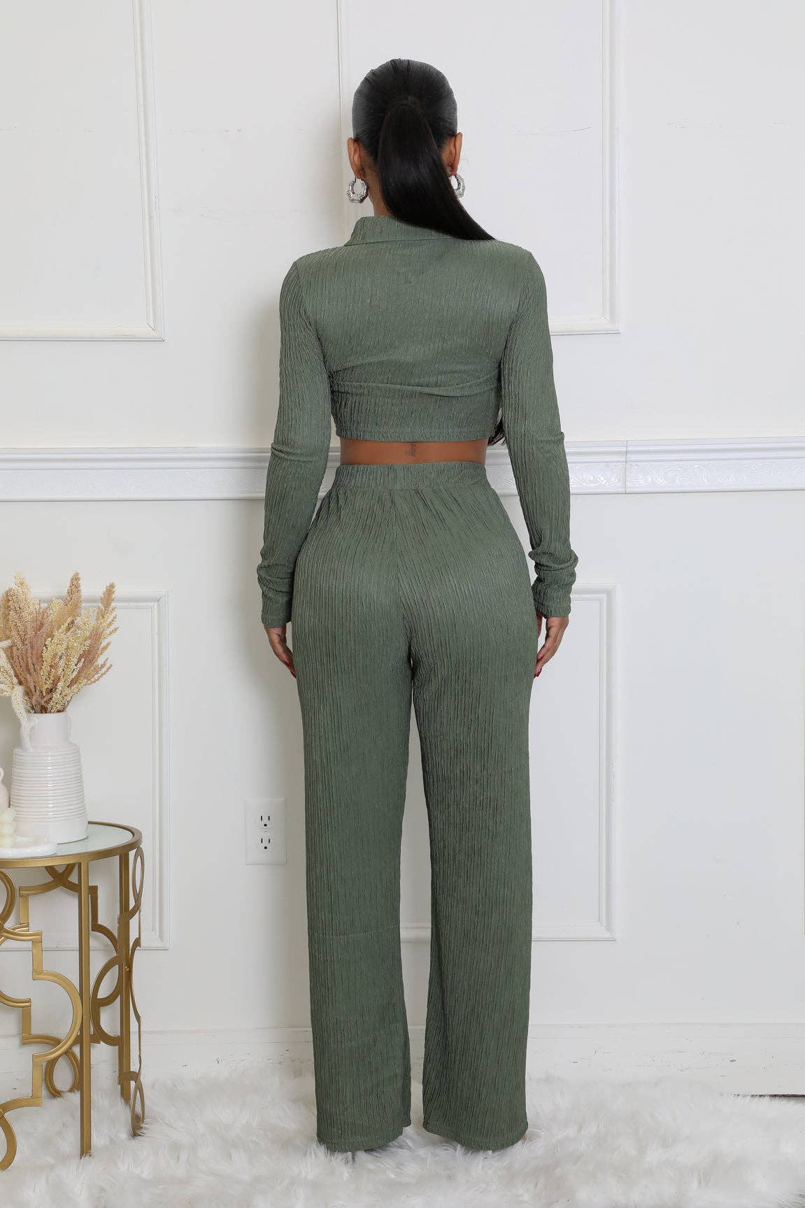 CRINKLED PLISSE ZIP UP LONG SLEEVE LOUNGEWEAR SET