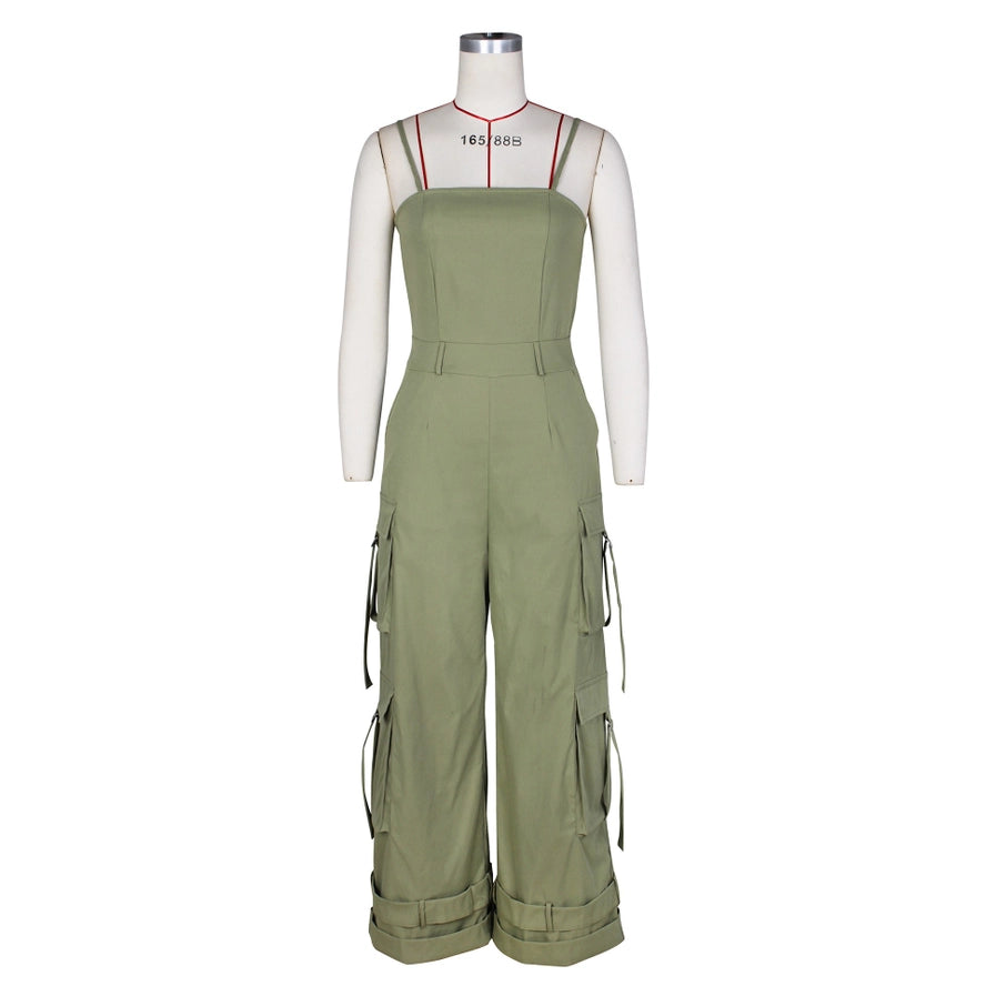 Stylish Bandeau Pocket Patchwork Wide-Leg Jumpsuit