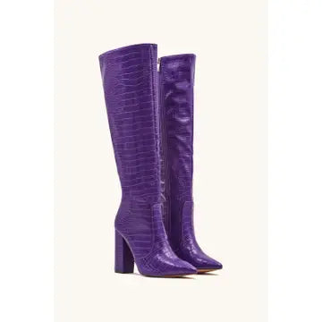 Women's Block Heel Knee High Croc Effect Long Boot