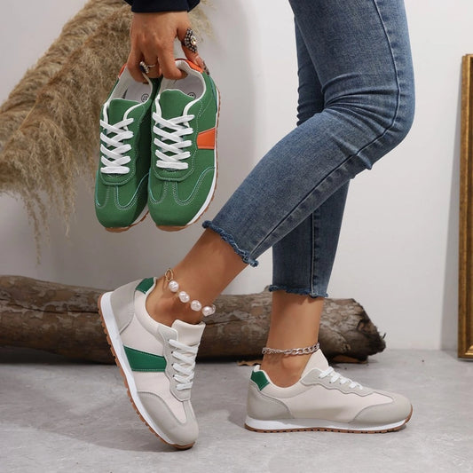 Pu Leather Contrast Round Toe Flats Sneakers